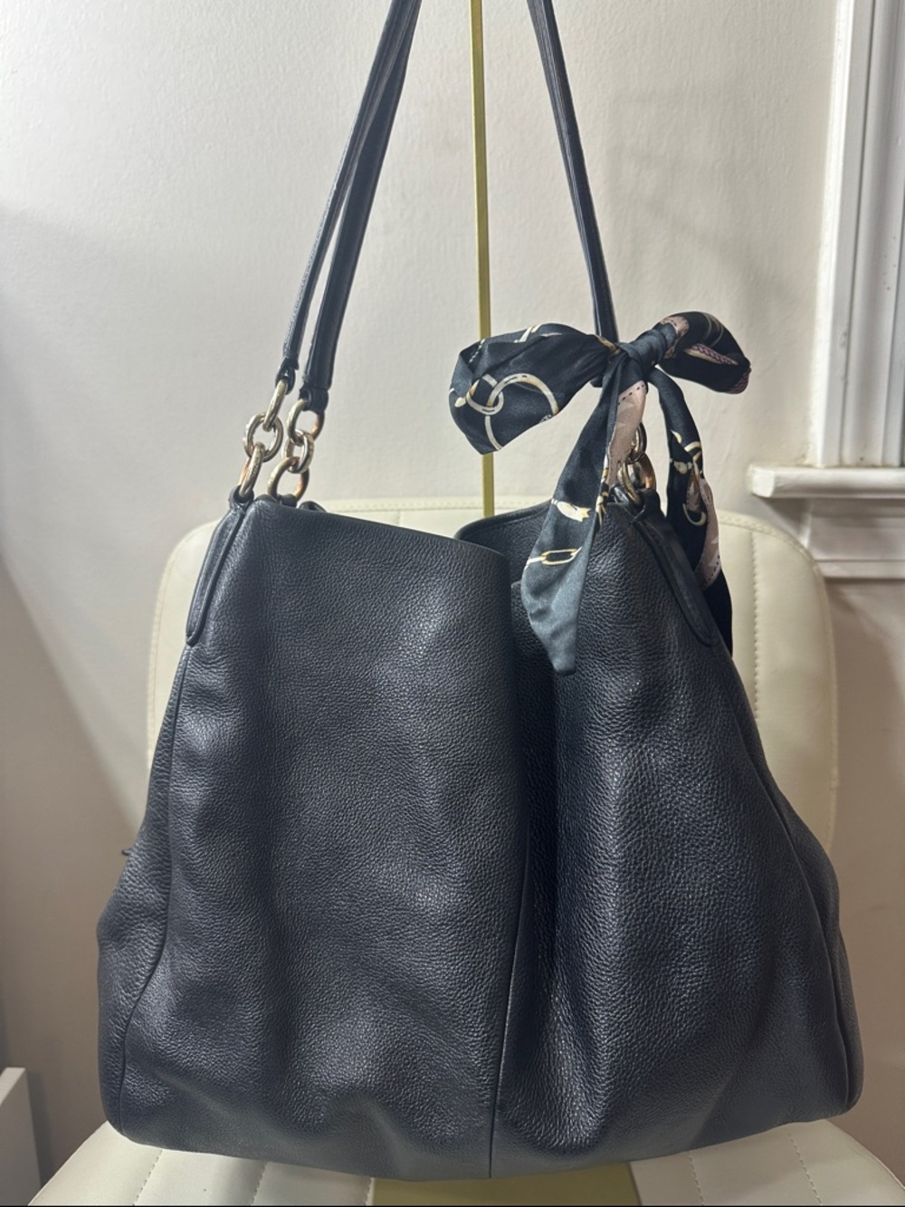 Coach Black Pebbled Leather Shoulder Bag with Scarf Accent